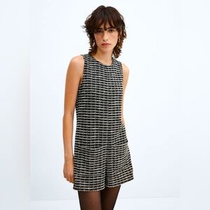 NWT Mango short tweed romper with front pockets Size S CB131